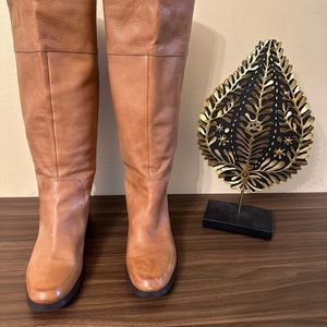 Nine West women’s tall leather boots tan 1.25” heels pull on styling size 12M